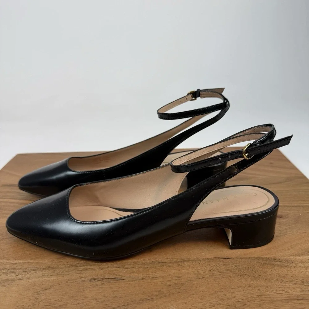 New NWOB Womens Cole Haan Paden Ankle Strap Black Leather Slingback Sandals 7.5B